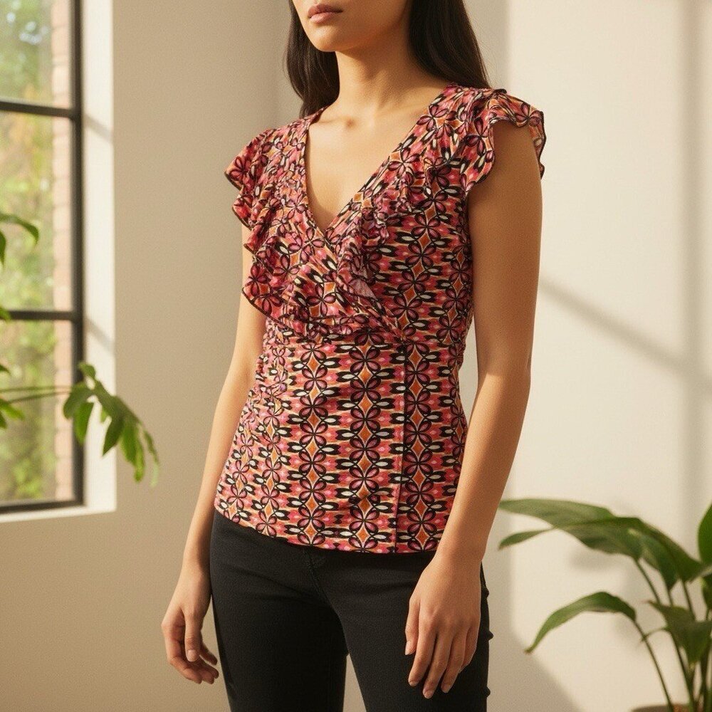 Y2K Womens Medium V-neck Ruffle Accent Babydoll Faux Wrap Pink Geometric Top